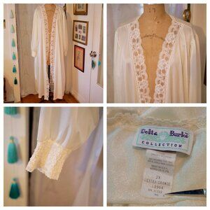 vtg DELTA BURKE Cream LACE Nylon GODDESS Long Peignoir Robe Pinup USA 2X EUC